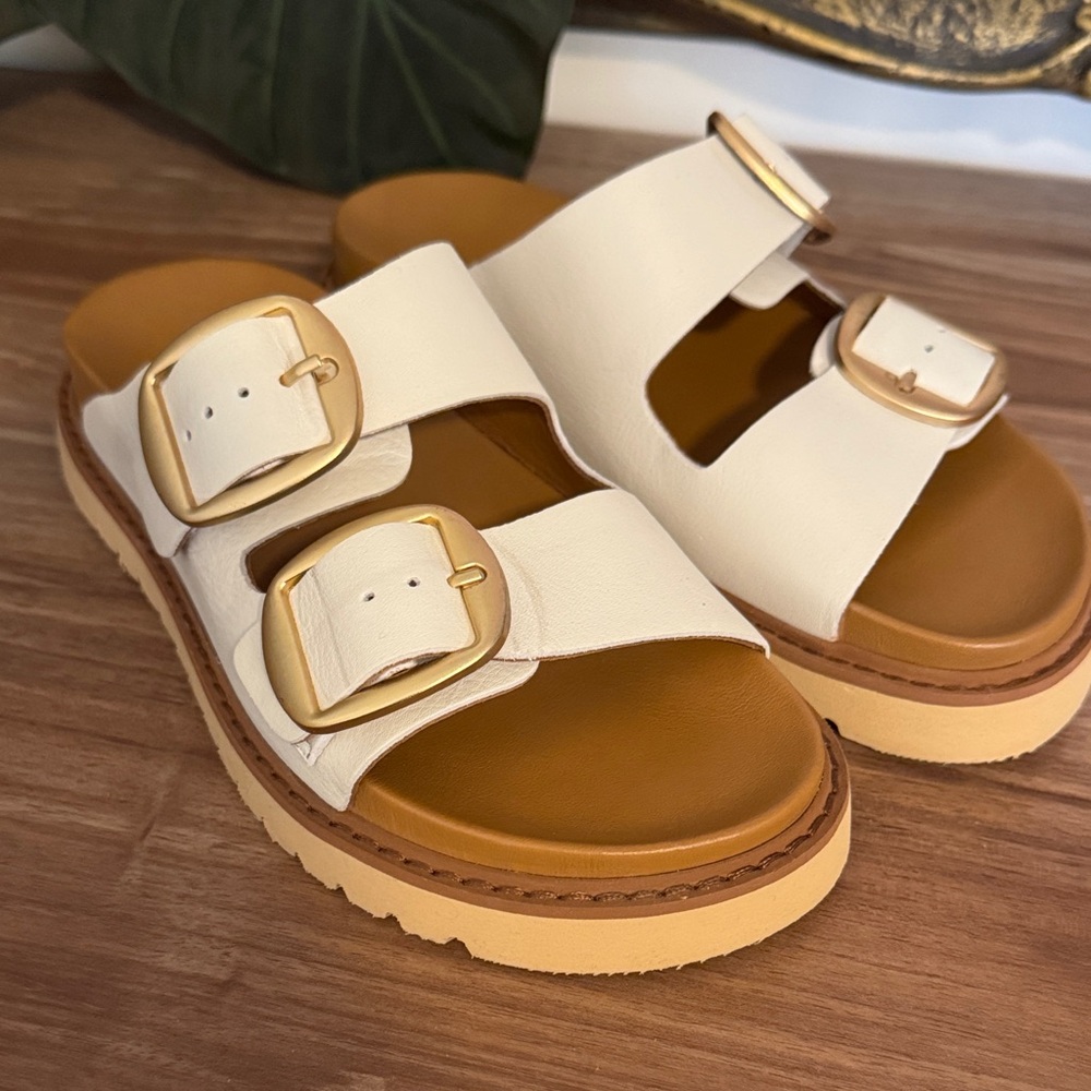 Women's White Double Buckle Slide Sandals with Gold Hardware